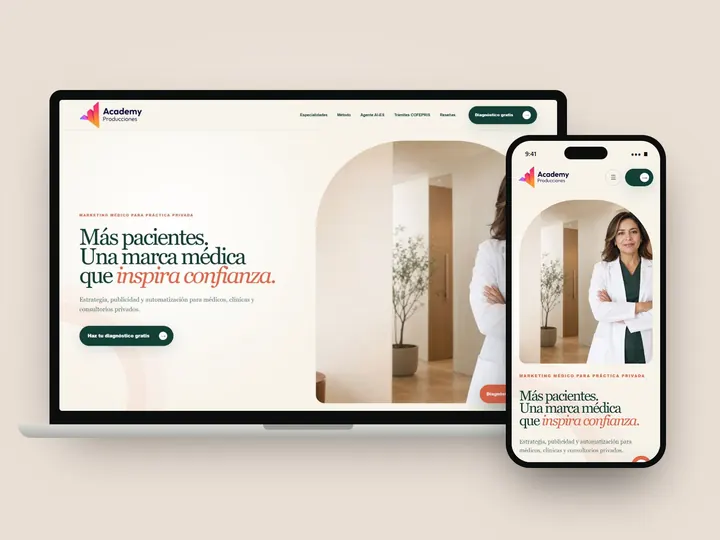 Web de Academy Producciones en portátil y móvil
